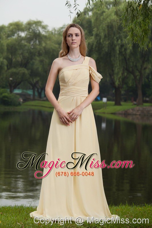 wholesale light yellow empire one shoulder brush / sweep chiffon ruch prom dress