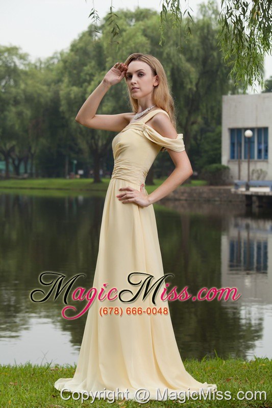 wholesale light yellow empire one shoulder brush / sweep chiffon ruch prom dress