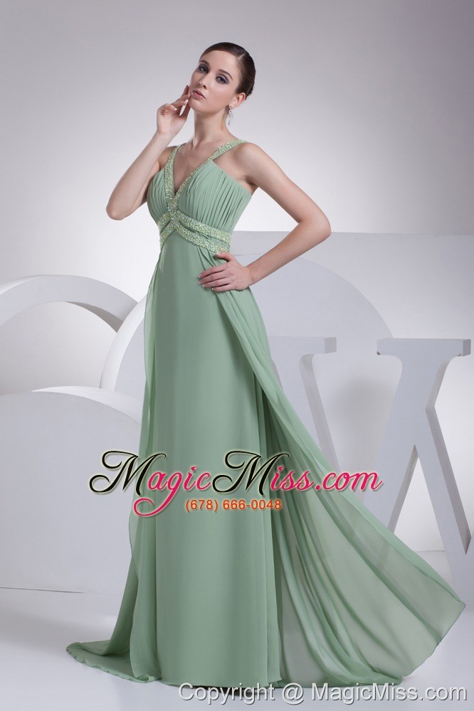 wholesale v-neck beading brush train apple green prom dress