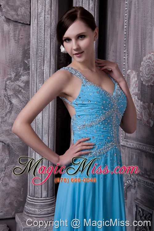 wholesale discount aqua blue evening dress empire straps chiffon beading floor-length
