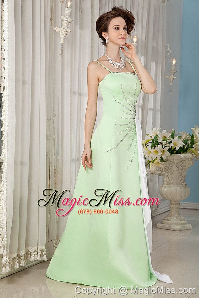 wholesale yellow green a-line straps brush train satin beading prom dress