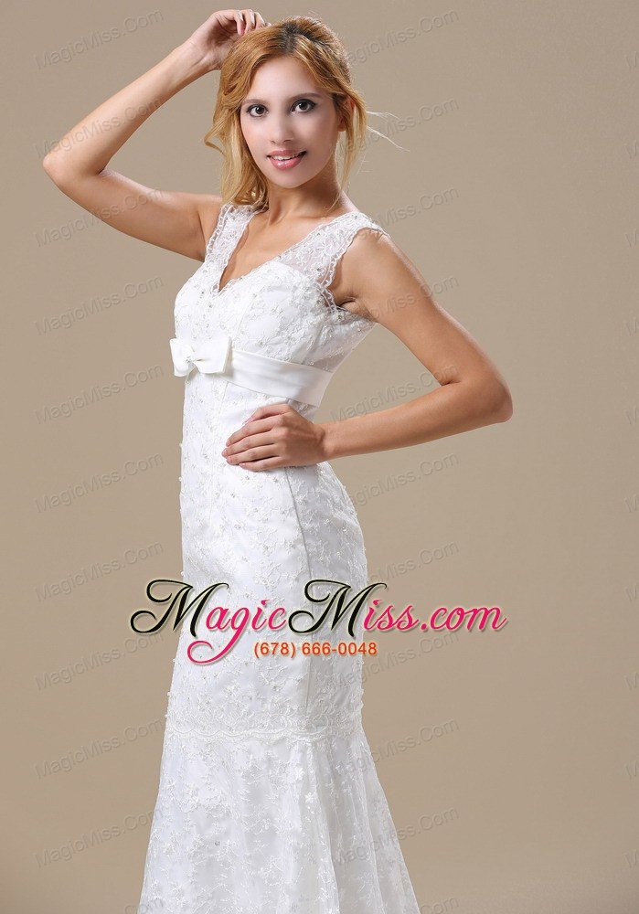 wholesale v-neck sash and lace over skirt for wedding dress with mermaid brush train