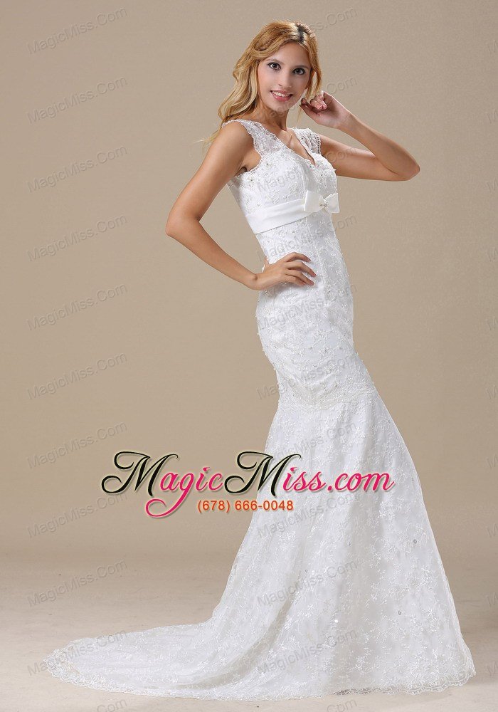 wholesale v-neck sash and lace over skirt for wedding dress with mermaid brush train
