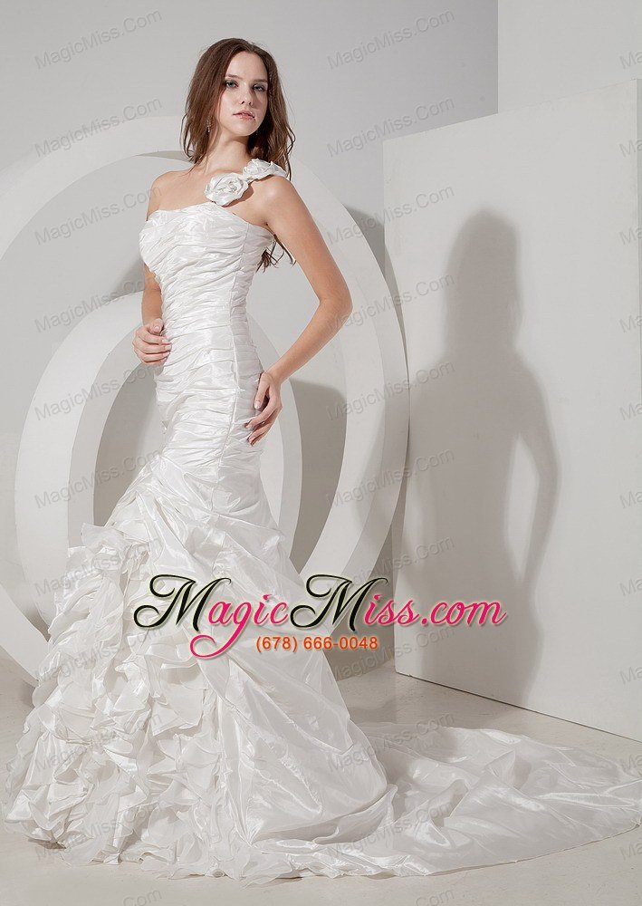 wholesale brand new mermaid one shoulder court train hand made flowers and ruch wedding dress