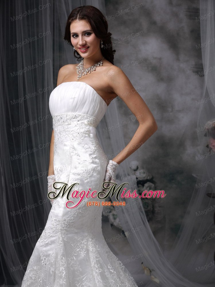 wholesale beautiful mermaid strapless court train lace and chiffon ruch wedding dress