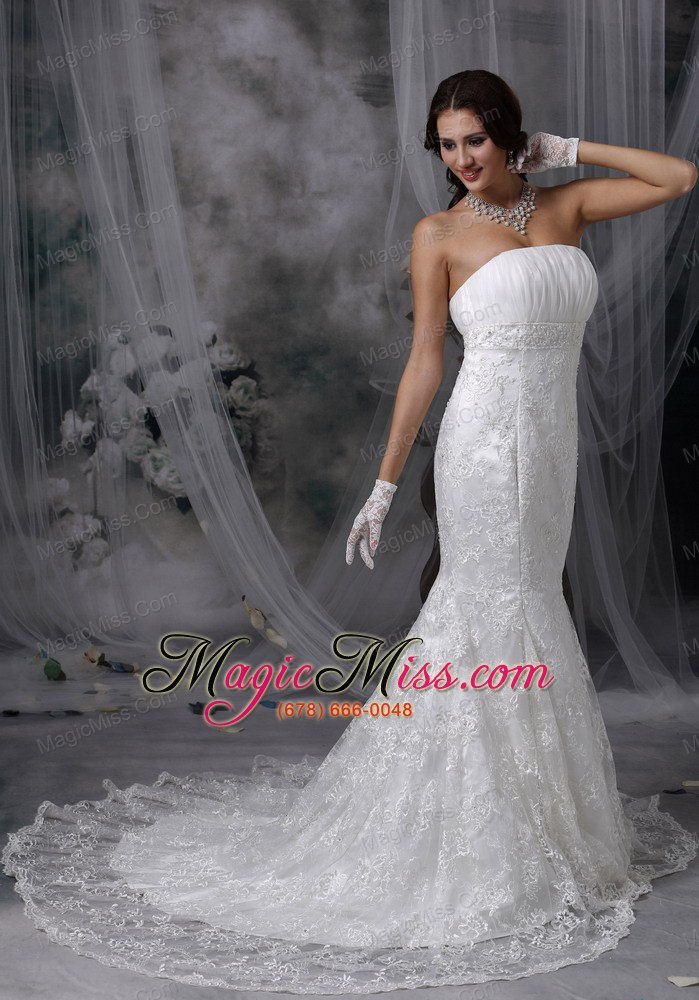 wholesale beautiful mermaid strapless court train lace and chiffon ruch wedding dress