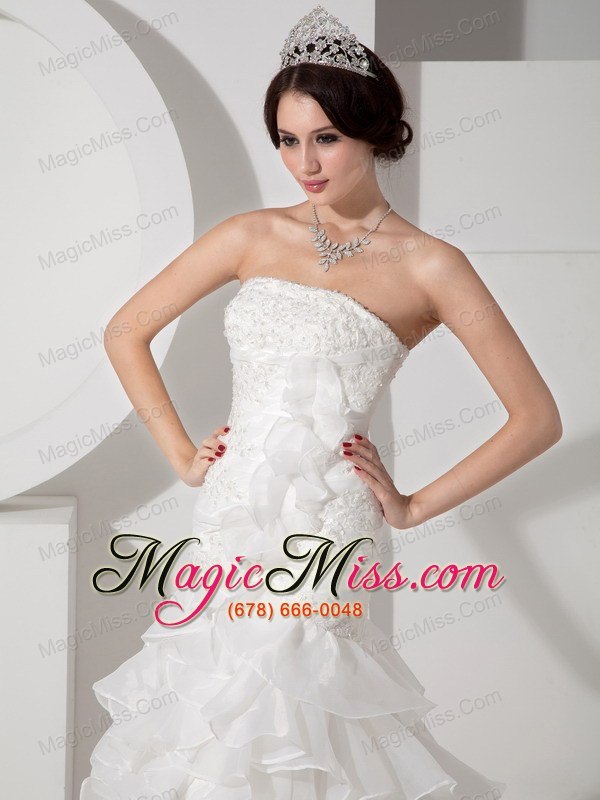wholesale luxurious mermaid strapless brush train organza appliques and ruch wedding dress