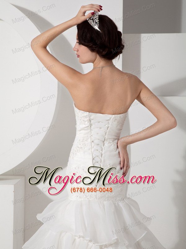 wholesale luxurious mermaid strapless brush train organza appliques and ruch wedding dress