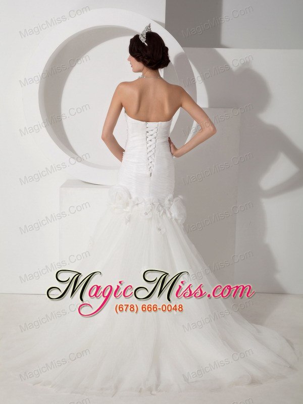 wholesale beautiful mermaid strapless court train tulle ruch and hand made flowers wedding dress
