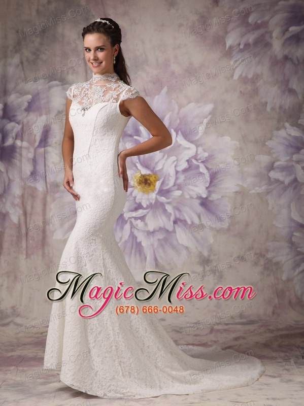 wholesale elegant mermaid high neck court train lace beading wedding dress