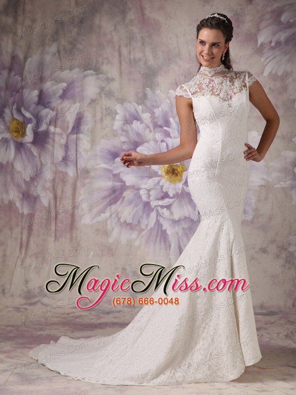 wholesale elegant mermaid high neck court train lace beading wedding dress