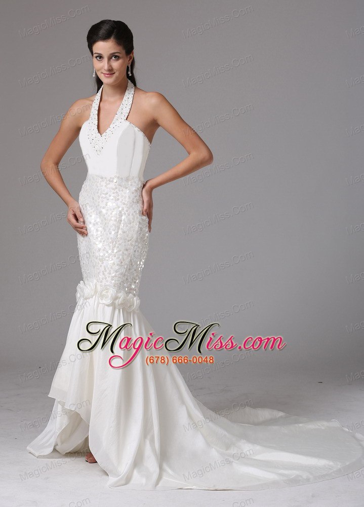 wholesale hartford connecticut city mermaid halter wedding dress with beading and hand made flowers in 2013