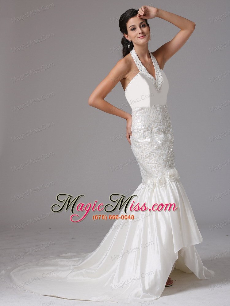 wholesale hartford connecticut city mermaid halter wedding dress with beading and hand made flowers in 2013