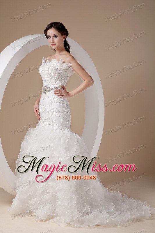 wholesale beautiful mermaid strapless court train organza beading and appliques wedding dress