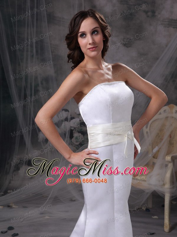 wholesale white mermaid strapless brush train satin belt wedding dress