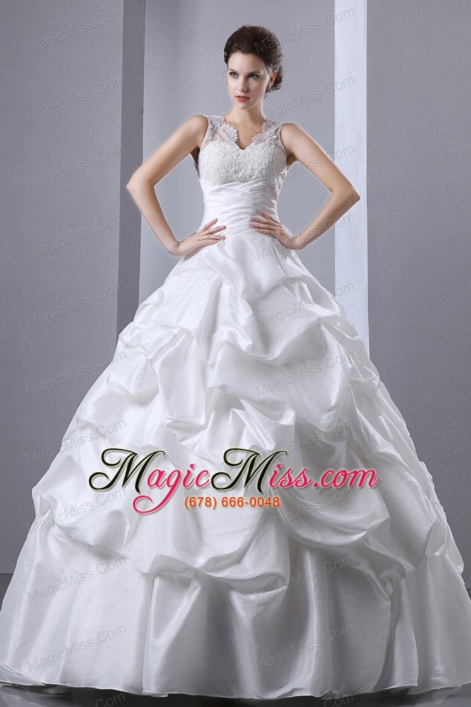 wholesale elegant a-line v-neck floor-length taffetaruch and appliques pick-ups wedding dress