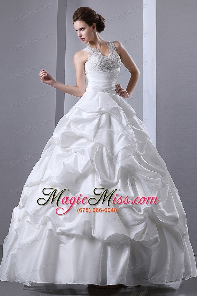 wholesale elegant a-line v-neck floor-length taffetaruch and appliques pick-ups wedding dress