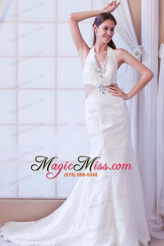 wholesale perfect a-line halter watteau train lace beading wedding dress