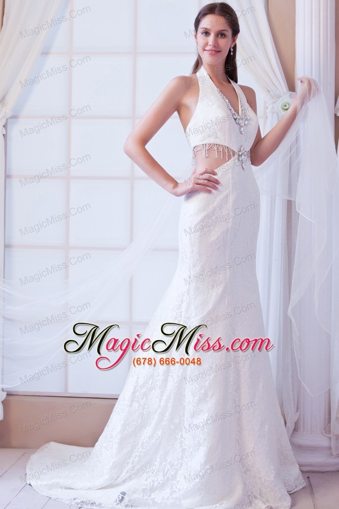 wholesale perfect a-line halter watteau train lace beading wedding dress