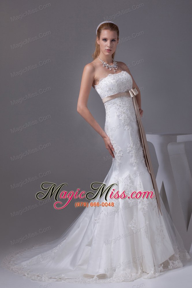 wholesale lace sash strapless mermaid court train wedding dress