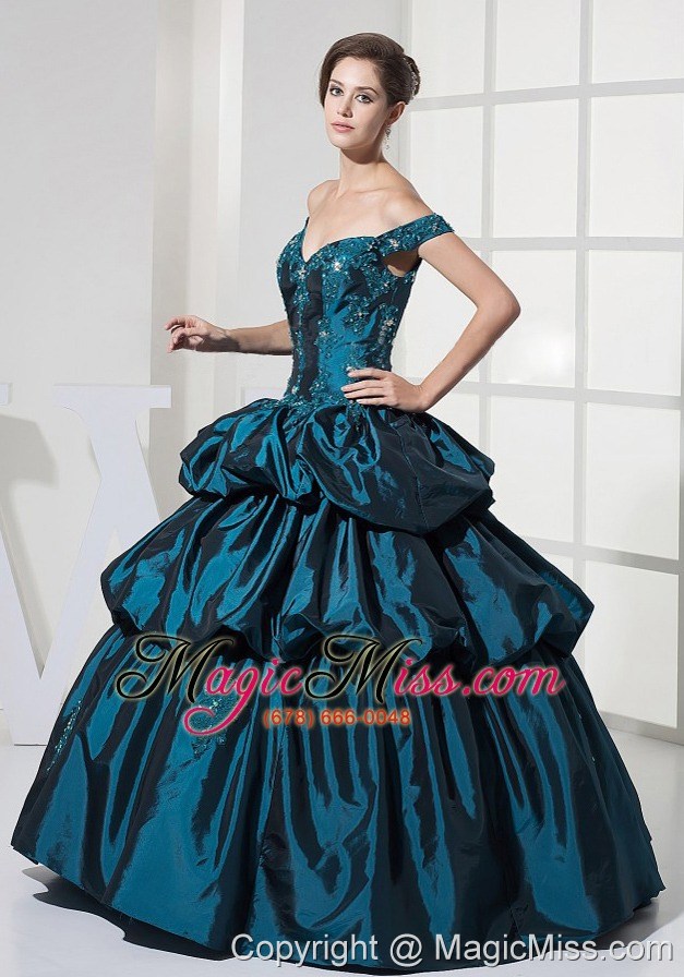 wholesale appliques with beading and pick-ups decorate bodice off the shoulder ball gown quinceanera dress for 2013 floor-length