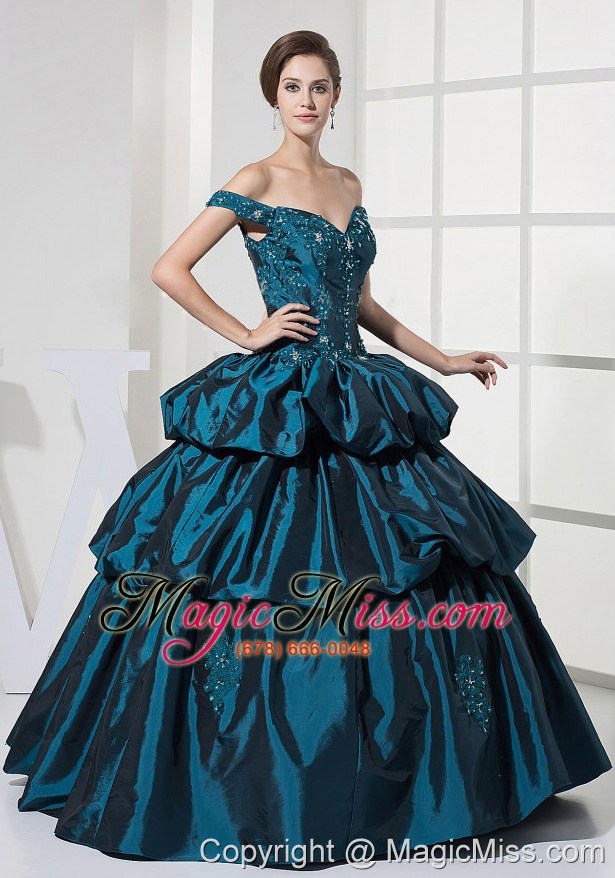 wholesale appliques with beading and pick-ups decorate bodice off the shoulder ball gown quinceanera dress for 2013 floor-length