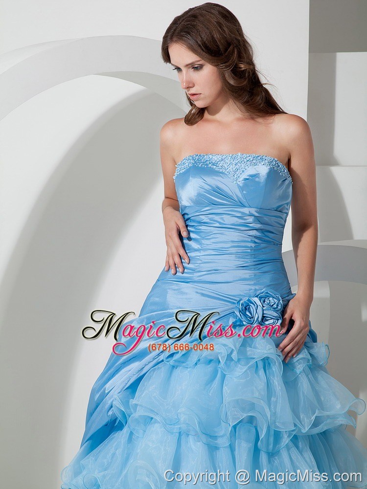 wholesale affordable baby blue a-line strapless hand flowers prom dress floor-length organza