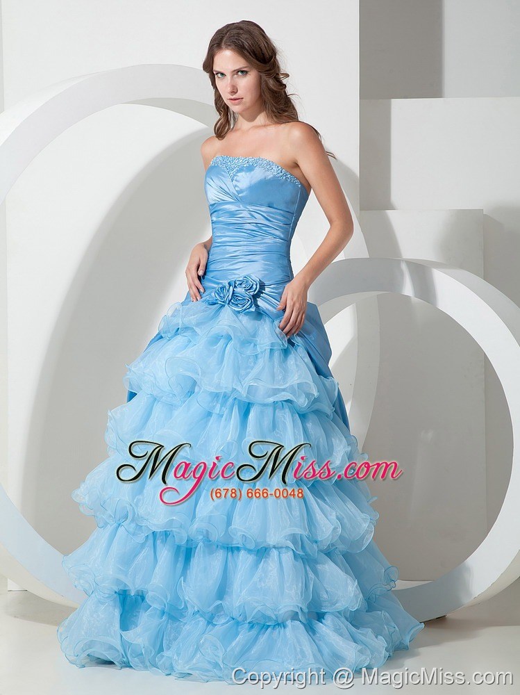wholesale affordable baby blue a-line strapless hand flowers prom dress floor-length organza
