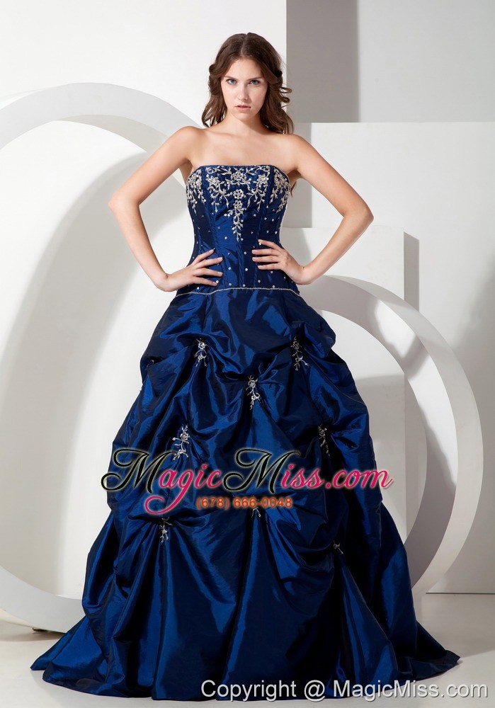 wholesale informal royal blue a-line strapless floor-length taffeta appliques prom dress