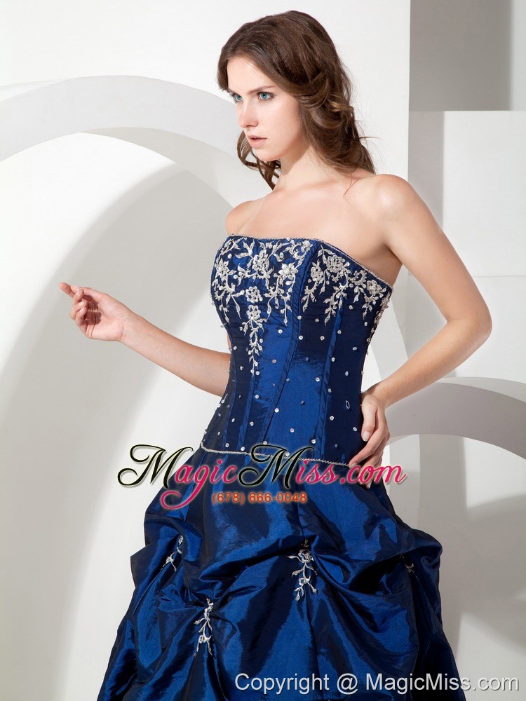 wholesale informal royal blue a-line strapless floor-length taffeta appliques prom dress