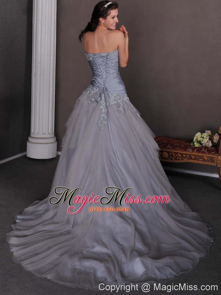 wholesale grey a-line sweetheart court train taffeta and tulle appliques prom dress