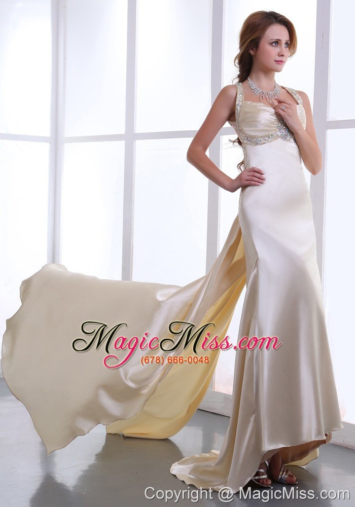 wholesale beading and ruching decorate bodice champagne watteau train straps elastic woven satin 2013 prom dress