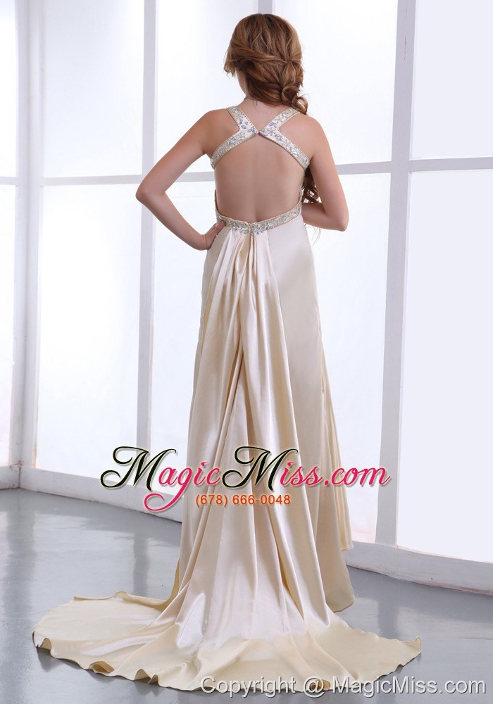 wholesale beading and ruching decorate bodice champagne watteau train straps elastic woven satin 2013 prom dress