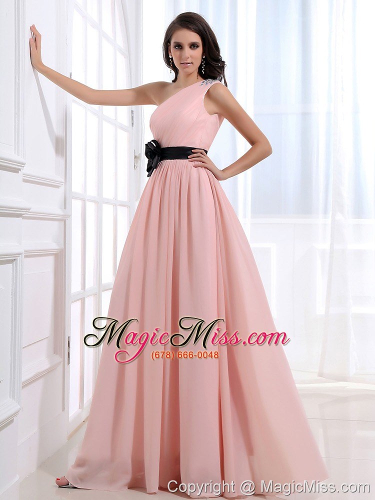 wholesale one shoulder and sash for custom made prom dress with ruched and baby pink