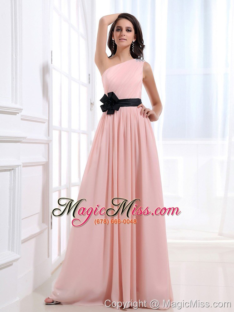 wholesale one shoulder and sash for custom made prom dress with ruched and baby pink