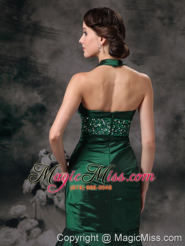 wholesale exquisite dark green mermaid halter evening dress taffeta beading floor-length