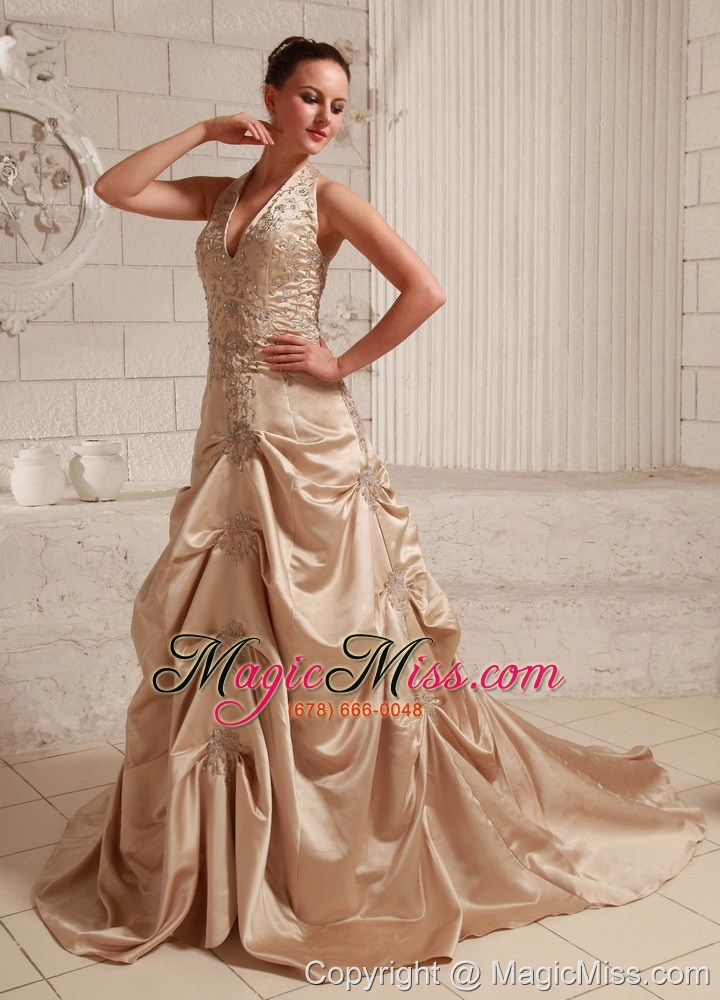 wholesale halter taffeta champagne appliques with beading custom made wedding dress with court train