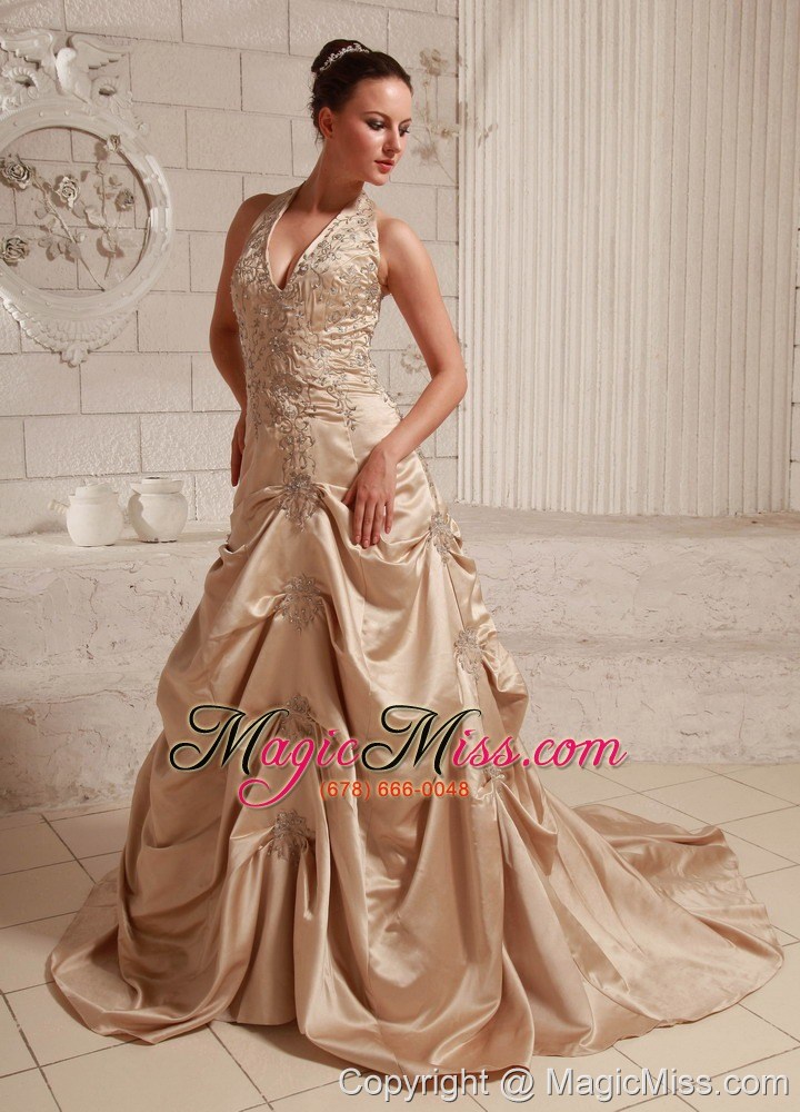 wholesale halter taffeta champagne appliques with beading custom made wedding dress with court train