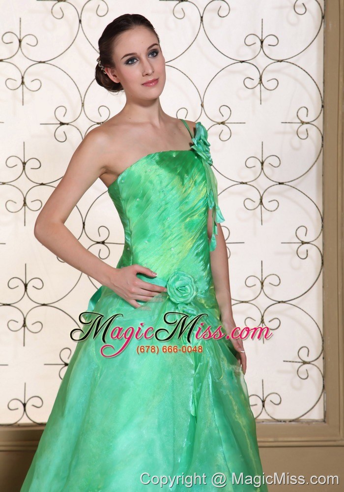 wholesale turquoise one shoulder prom dress for 2013 a-line gown hand made flowers organza