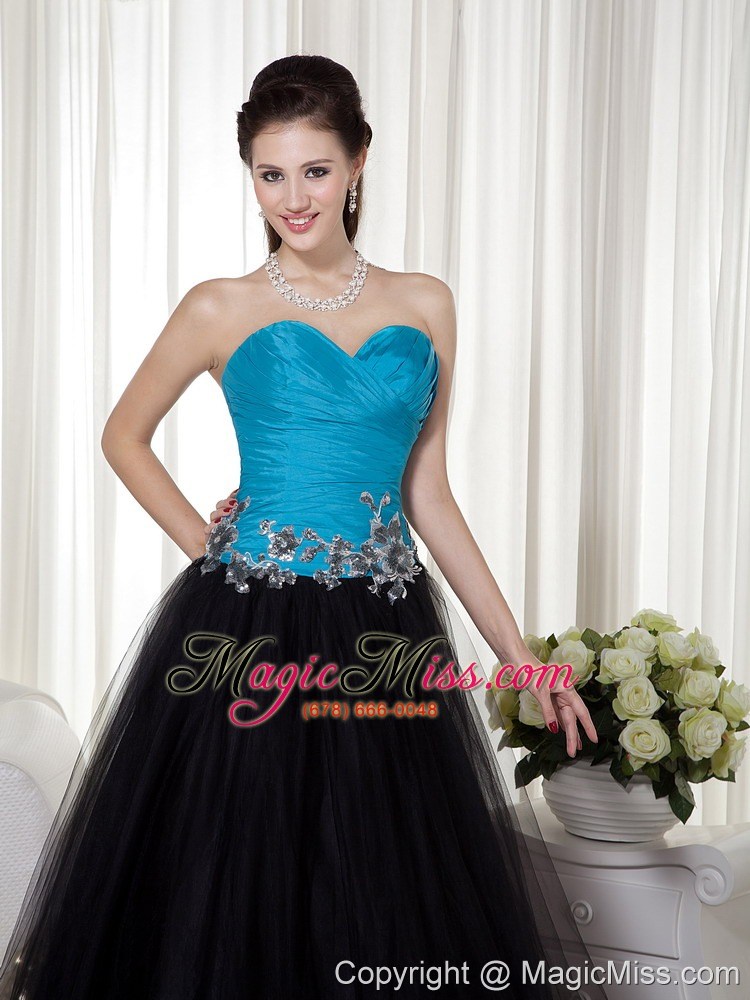 wholesale blue and black a-line sweetheart floor-length taffeta and tulle appliques prom dress