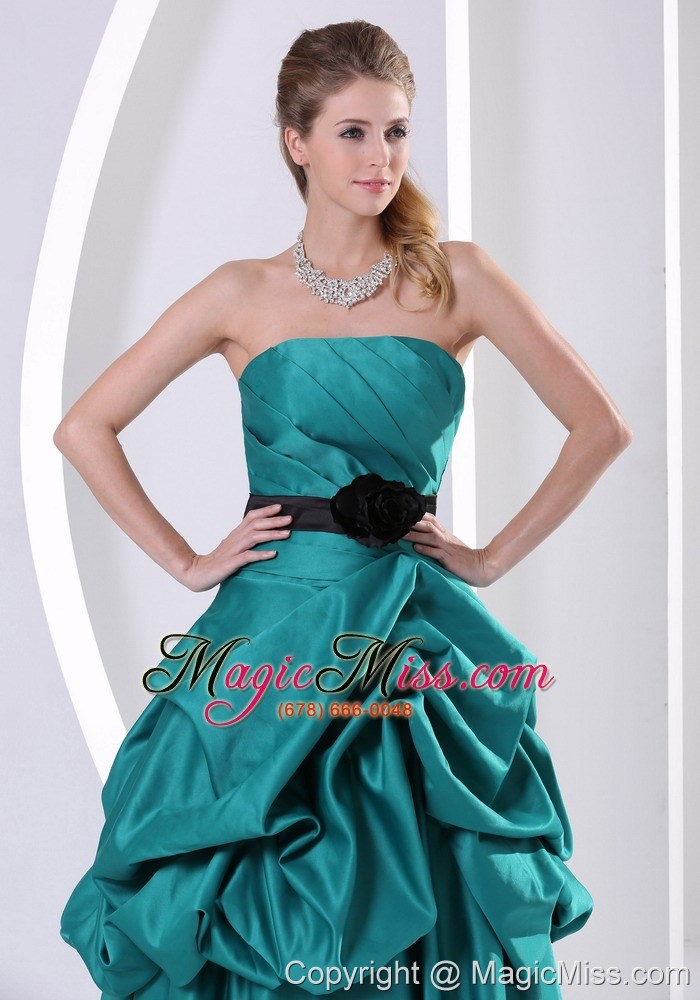 wholesale turquoise a-line hand made flower belt and ruch mother of the bride dress with pick-ups