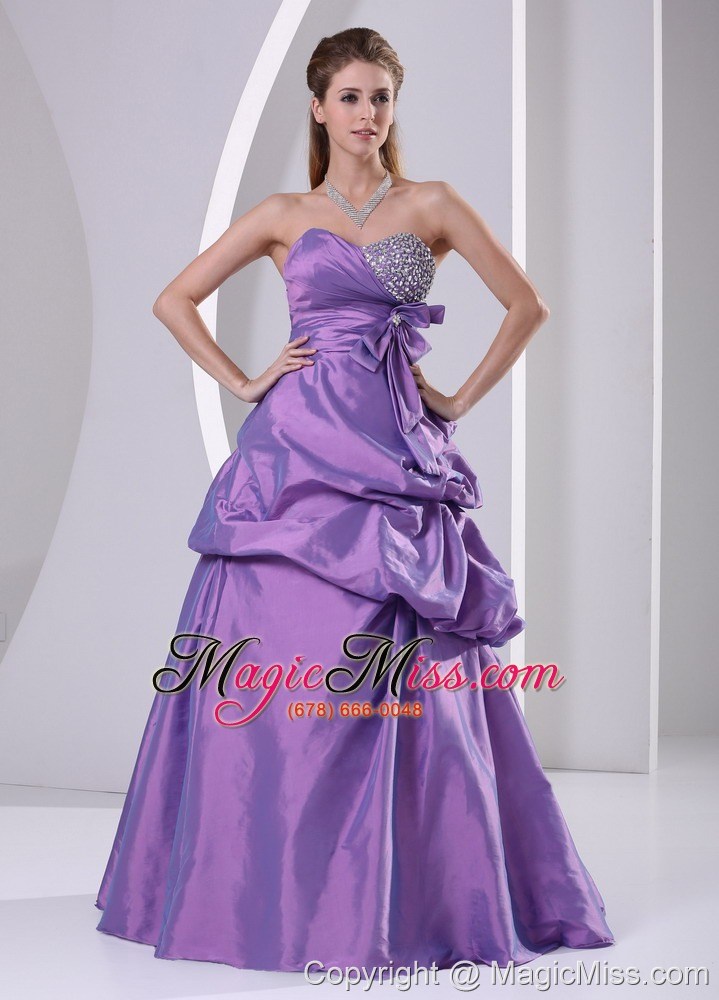 wholesale sweetheart beaded pick-ups and bowknot purple plus size prom dress a-line
