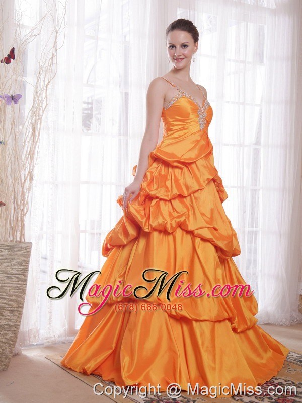 wholesale orange a-line / princess straps floor-length taffeta beading prom dress