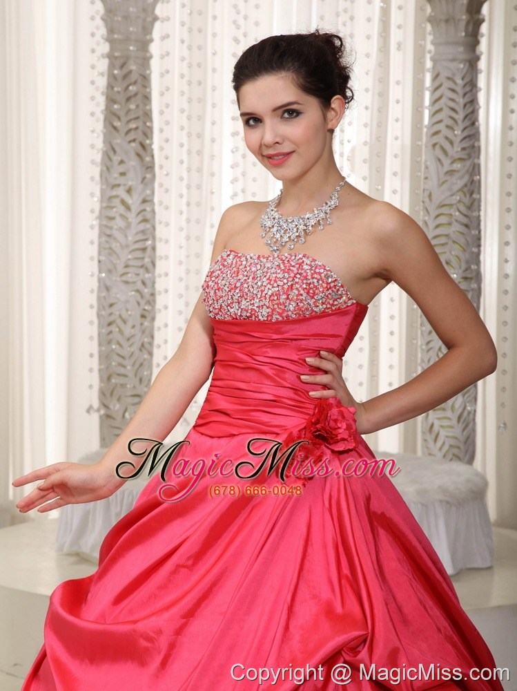 wholesale coral red a-line strapless floor-length taffeta beading prom / evening dress