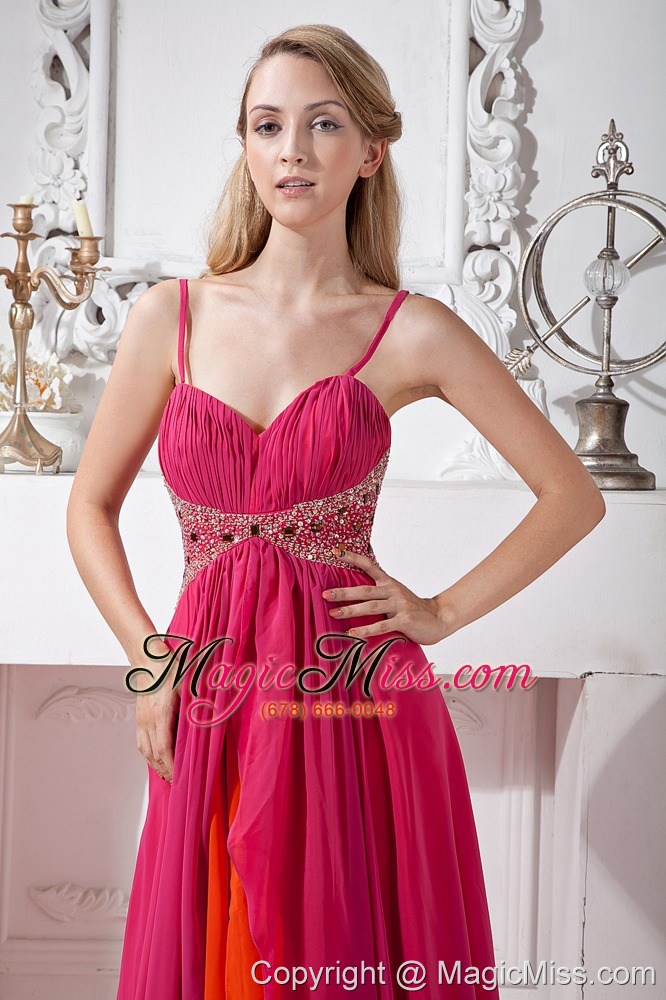 wholesale hot pink chiffon spaghetti straps prom dress empire brush train beading