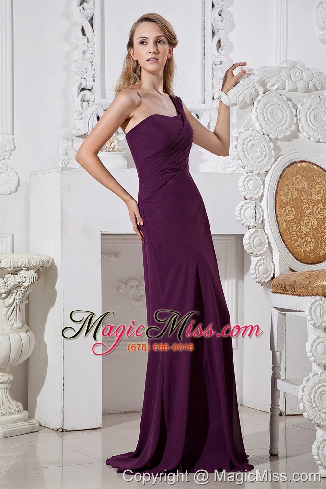 wholesale dark purple column one shoulder brush train chiffon prom / evening dress