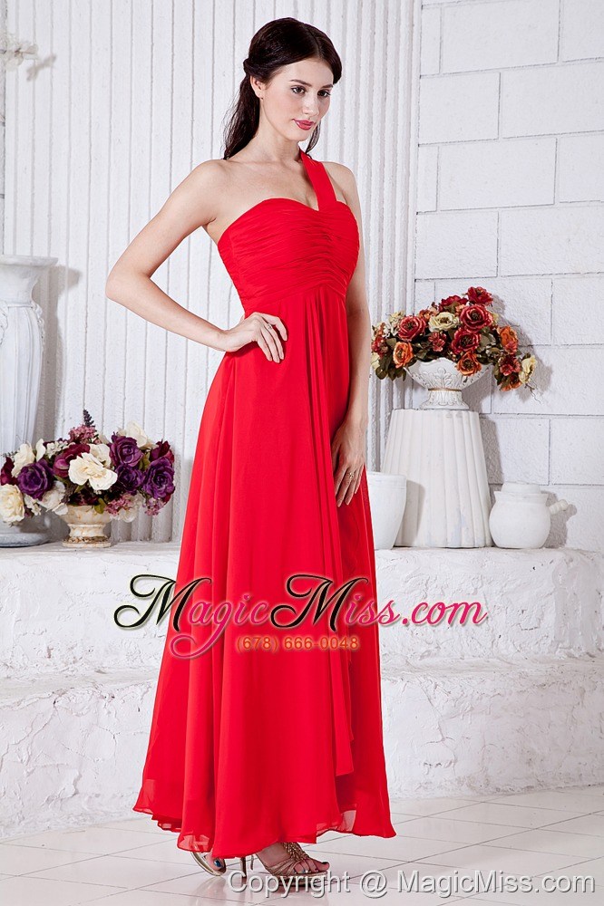 wholesale red empire one shoulder ruch prom / evening dress ankle-length chiffon