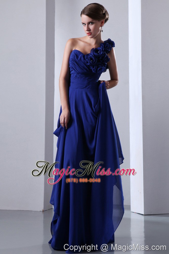 wholesale royal blue empire one shoulder hand made flowers prom dress floor-length chiffon