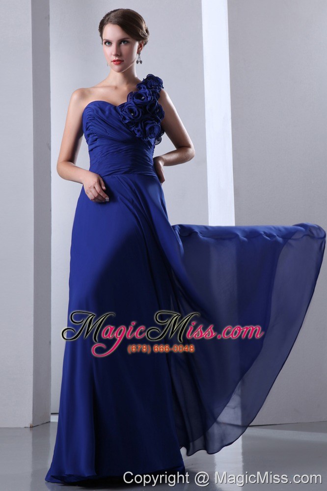 wholesale royal blue empire one shoulder hand made flowers prom dress floor-length chiffon