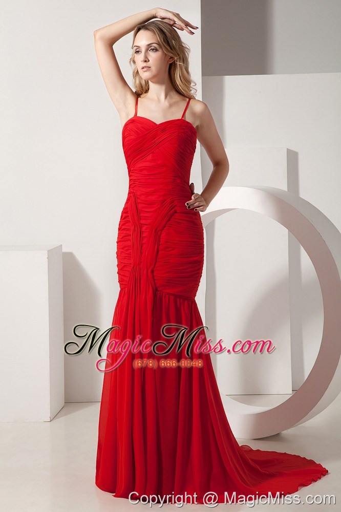 wholesale red mermaid spaghetti straps brush train chiffon ruch prom dress
